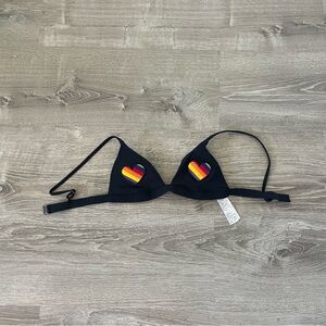 Hollister pride black bikini top with rainbow heart patches.